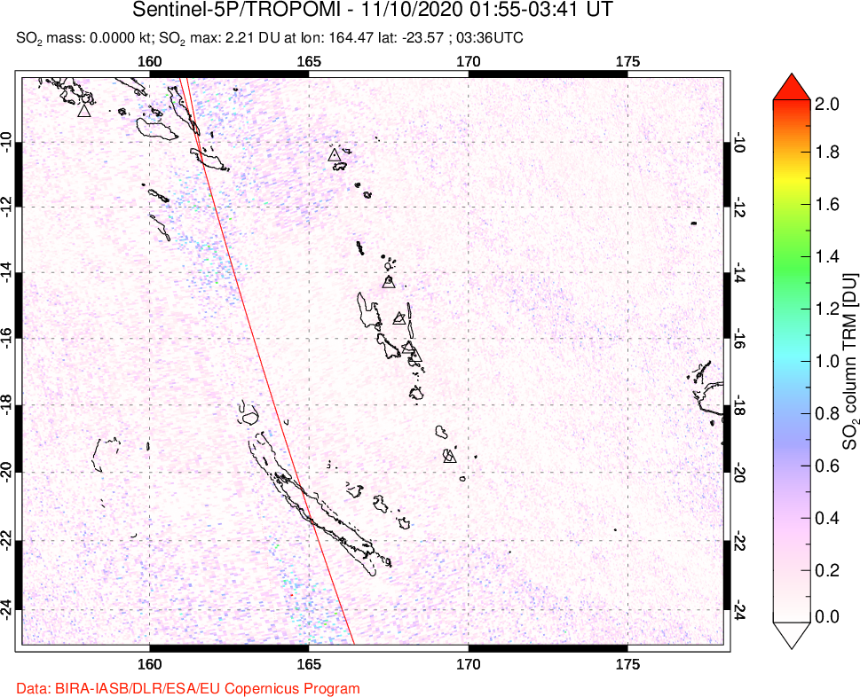 A sulfur dioxide image over Vanuatu, South Pacific on Nov 10, 2020.