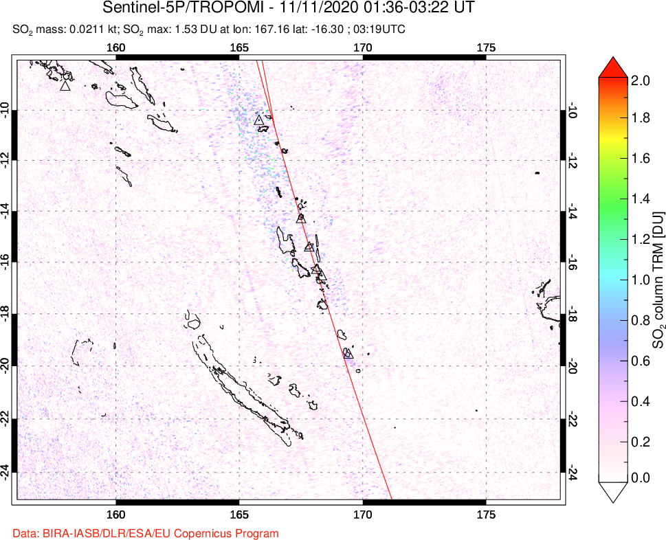 A sulfur dioxide image over Vanuatu, South Pacific on Nov 11, 2020.