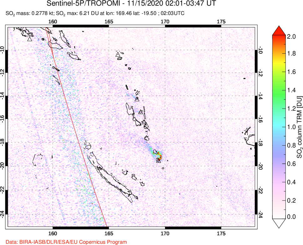 A sulfur dioxide image over Vanuatu, South Pacific on Nov 15, 2020.
