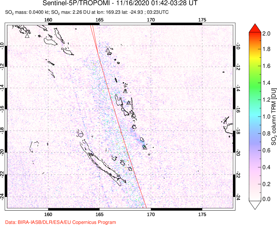 A sulfur dioxide image over Vanuatu, South Pacific on Nov 16, 2020.