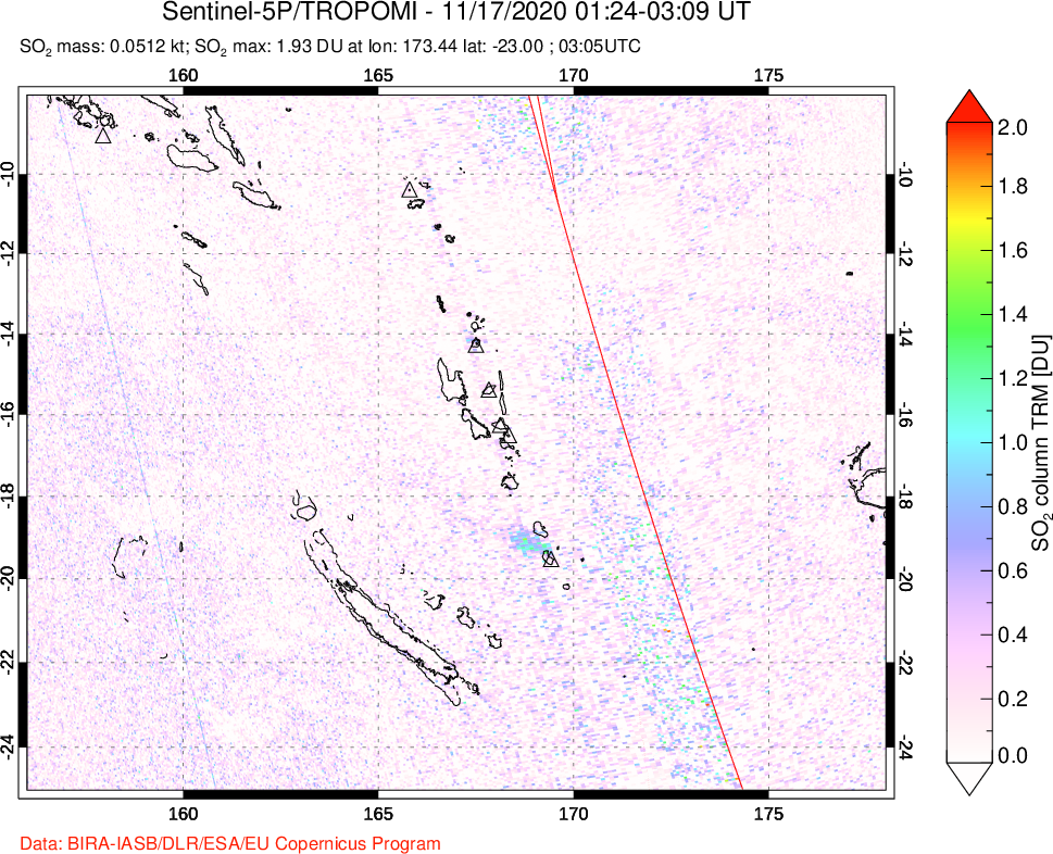 A sulfur dioxide image over Vanuatu, South Pacific on Nov 17, 2020.