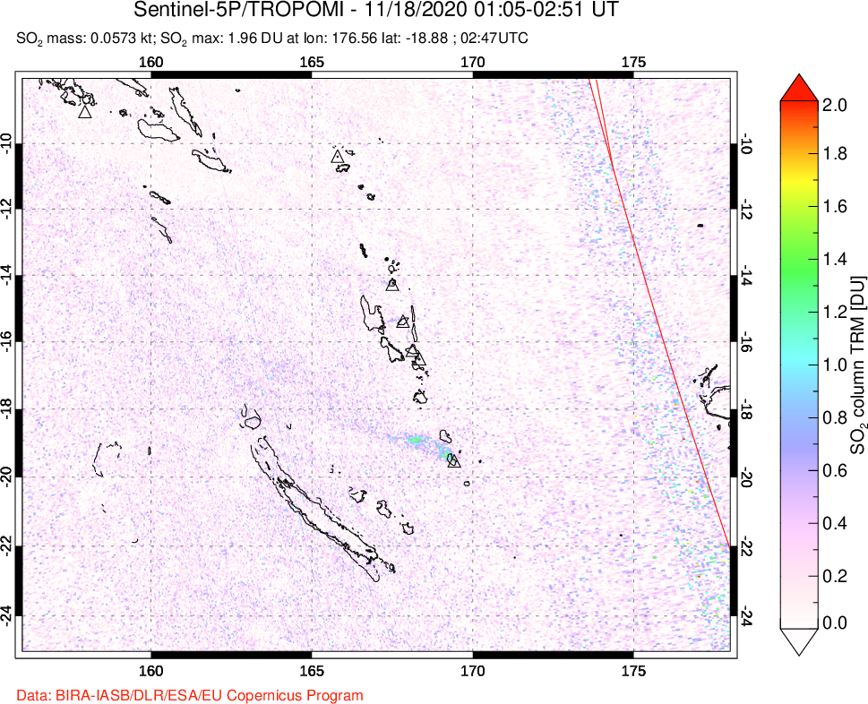 A sulfur dioxide image over Vanuatu, South Pacific on Nov 18, 2020.
