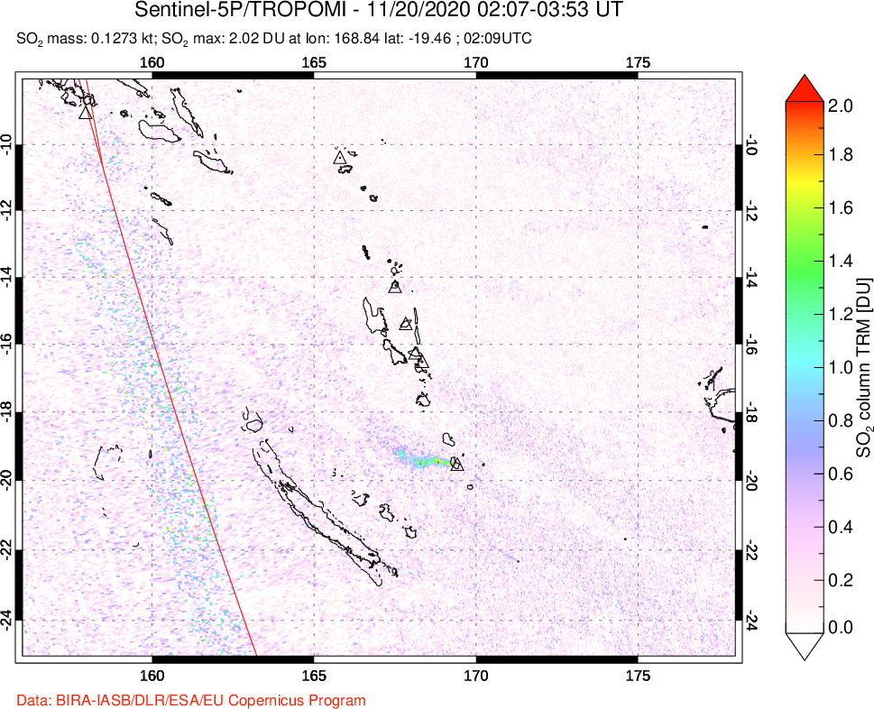 A sulfur dioxide image over Vanuatu, South Pacific on Nov 20, 2020.
