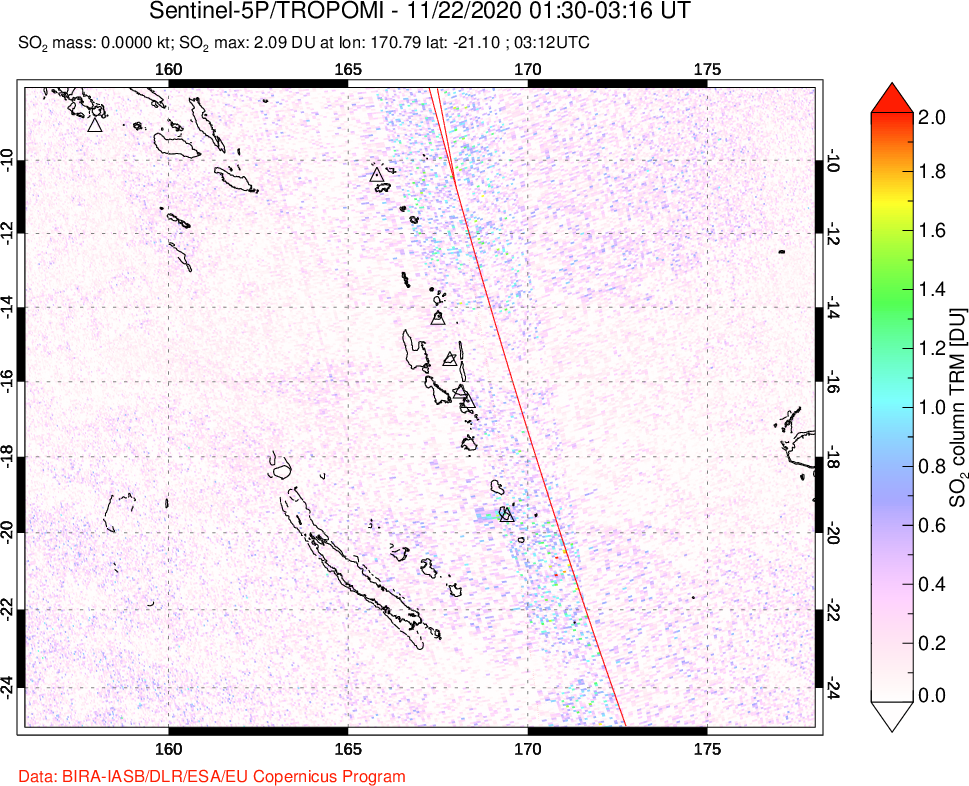 A sulfur dioxide image over Vanuatu, South Pacific on Nov 22, 2020.