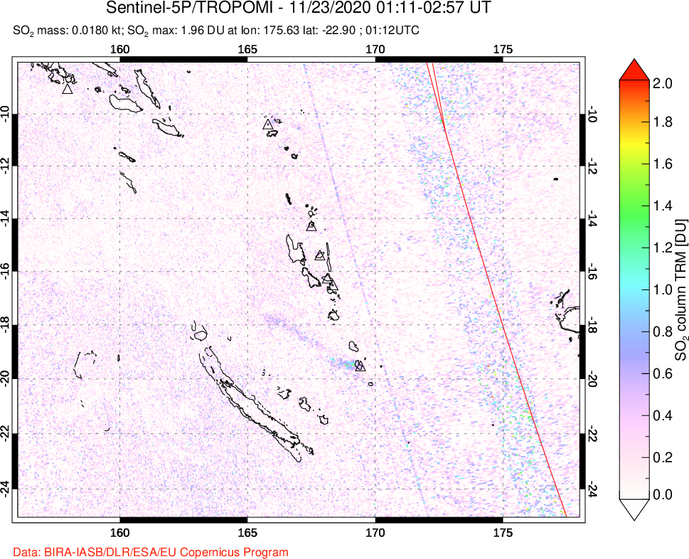 A sulfur dioxide image over Vanuatu, South Pacific on Nov 23, 2020.
