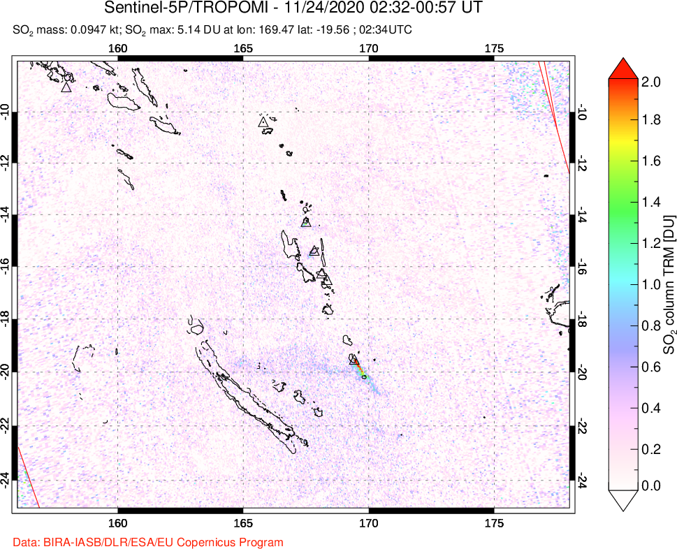 A sulfur dioxide image over Vanuatu, South Pacific on Nov 24, 2020.