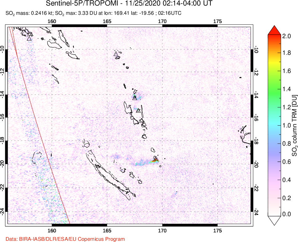 A sulfur dioxide image over Vanuatu, South Pacific on Nov 25, 2020.