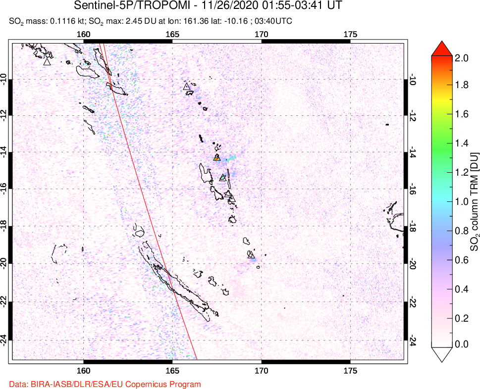A sulfur dioxide image over Vanuatu, South Pacific on Nov 26, 2020.