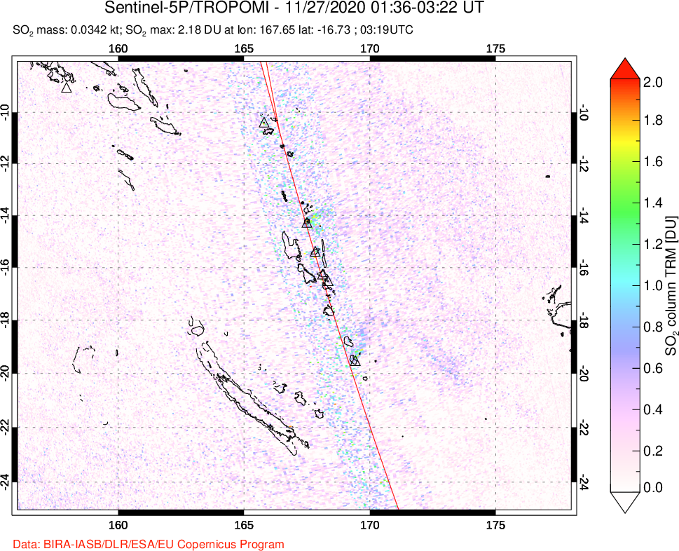 A sulfur dioxide image over Vanuatu, South Pacific on Nov 27, 2020.