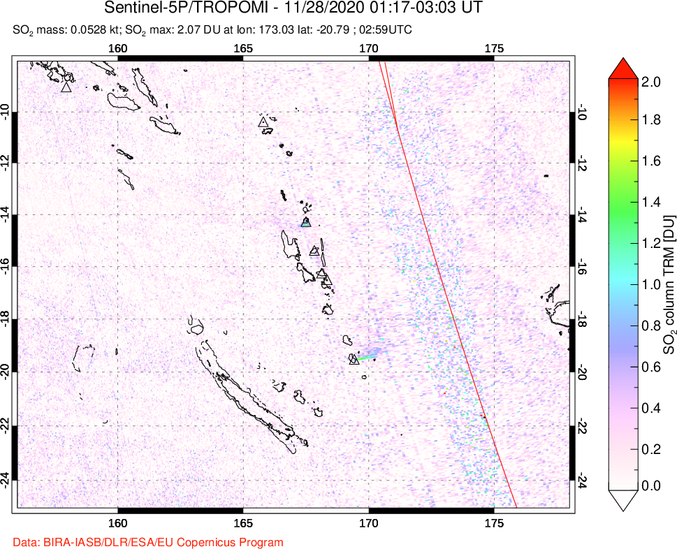 A sulfur dioxide image over Vanuatu, South Pacific on Nov 28, 2020.