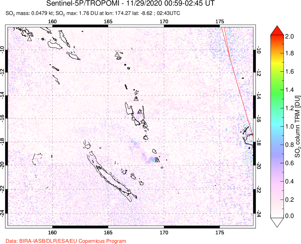 A sulfur dioxide image over Vanuatu, South Pacific on Nov 29, 2020.