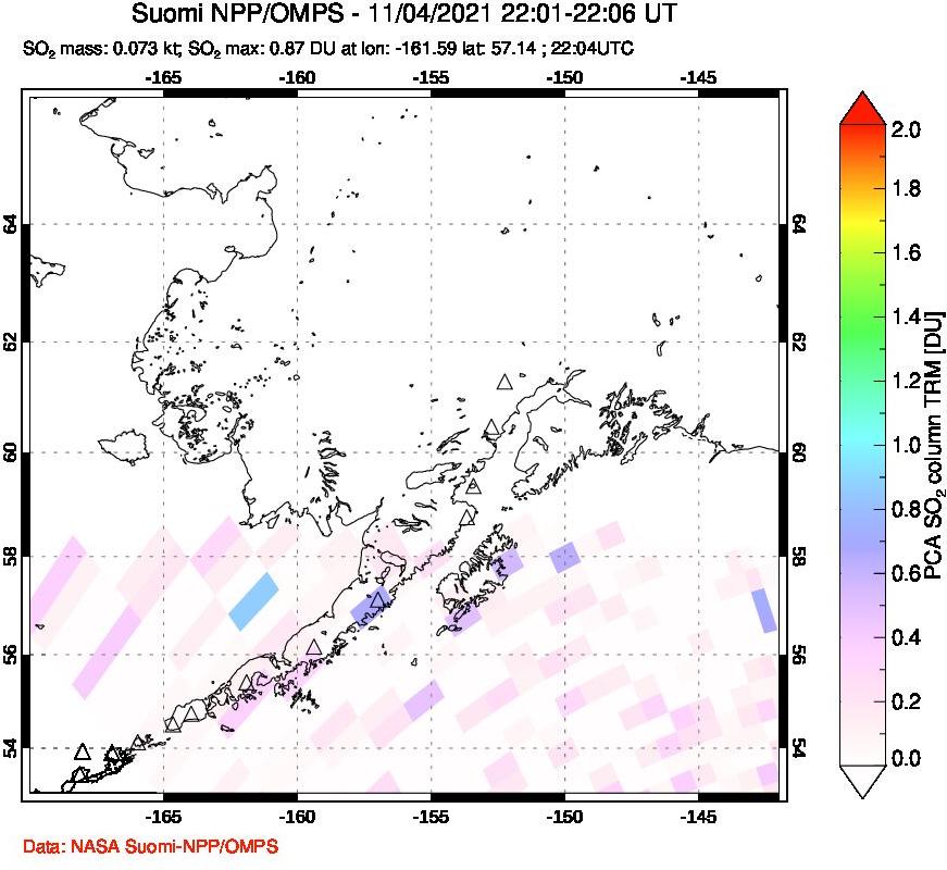 A sulfur dioxide image over Alaska, USA on Nov 04, 2021.