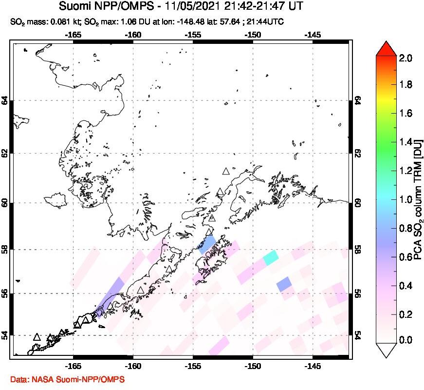 A sulfur dioxide image over Alaska, USA on Nov 05, 2021.