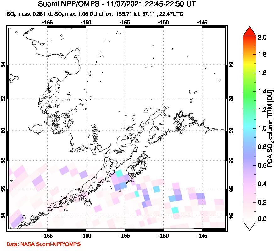 A sulfur dioxide image over Alaska, USA on Nov 07, 2021.