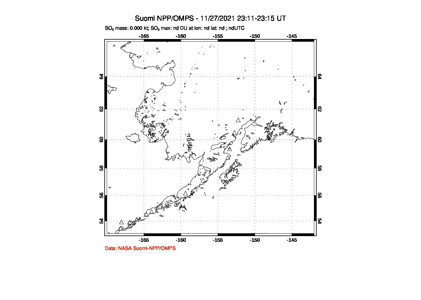 A sulfur dioxide image over Alaska, USA on Nov 27, 2021.