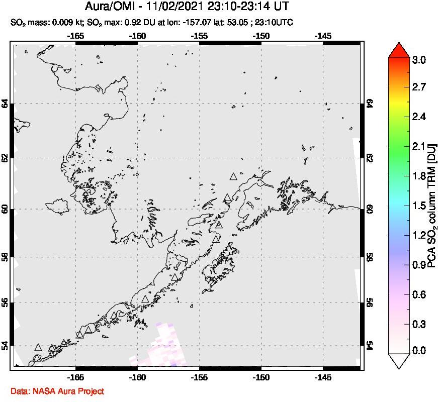 A sulfur dioxide image over Alaska, USA on Nov 02, 2021.