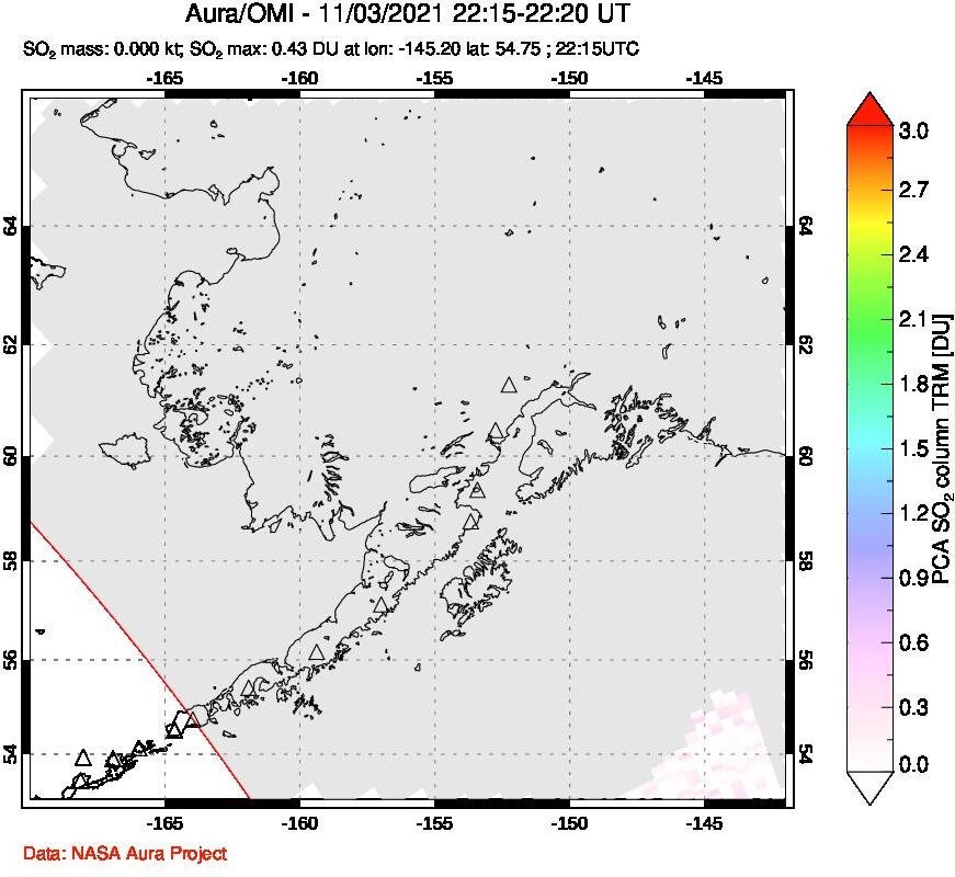 A sulfur dioxide image over Alaska, USA on Nov 03, 2021.
