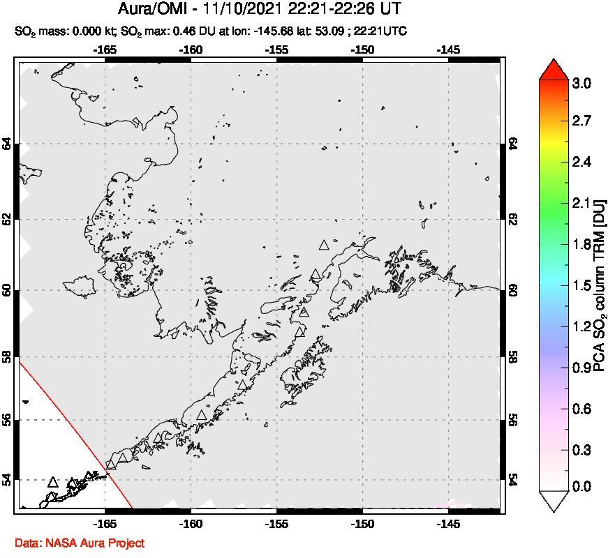A sulfur dioxide image over Alaska, USA on Nov 10, 2021.