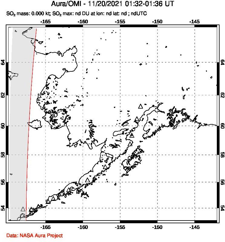 A sulfur dioxide image over Alaska, USA on Nov 20, 2021.