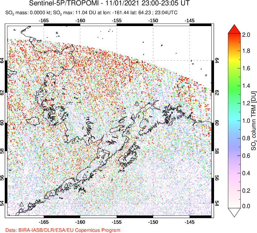 A sulfur dioxide image over Alaska, USA on Nov 01, 2021.