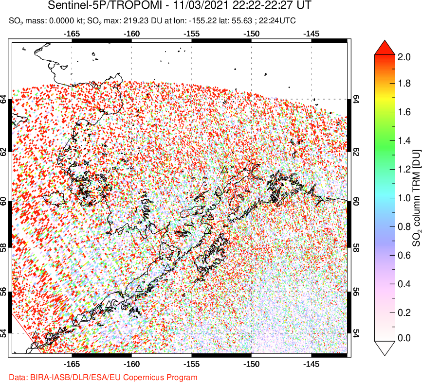A sulfur dioxide image over Alaska, USA on Nov 03, 2021.