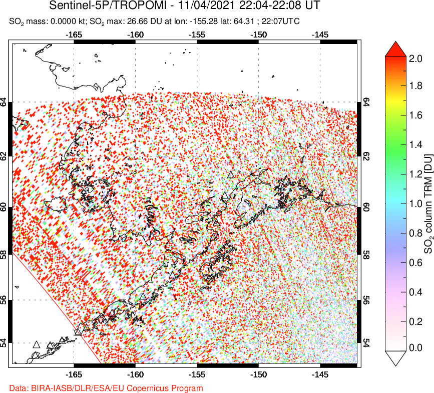 A sulfur dioxide image over Alaska, USA on Nov 04, 2021.
