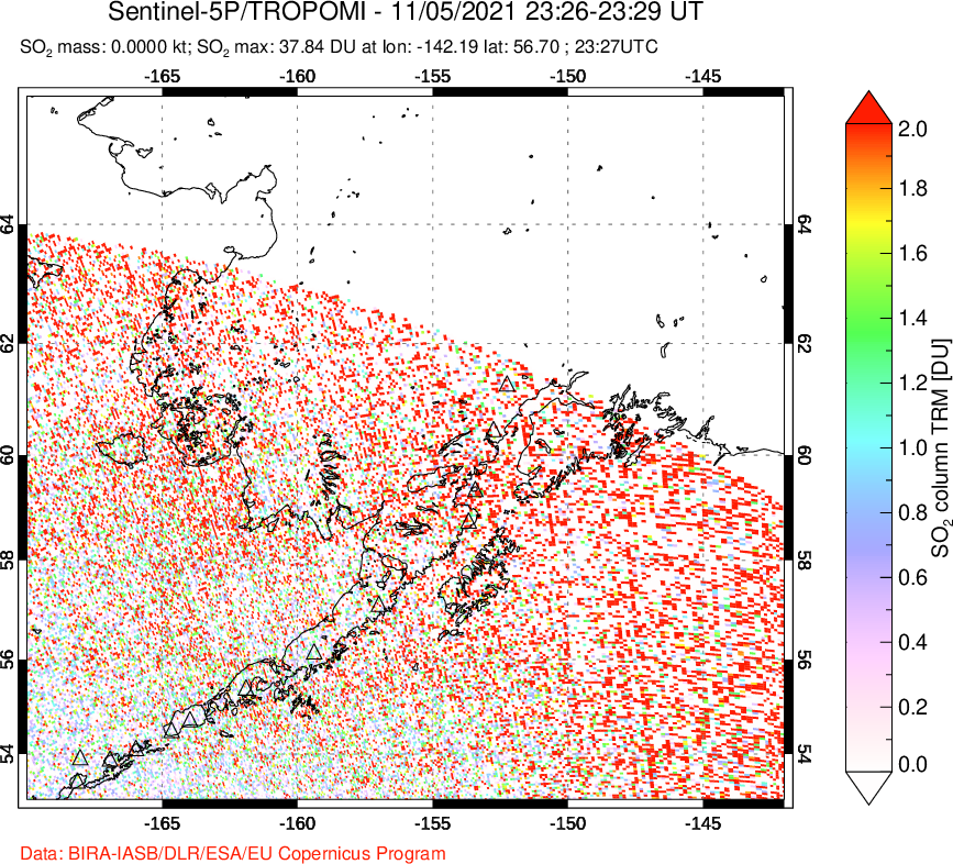 A sulfur dioxide image over Alaska, USA on Nov 05, 2021.