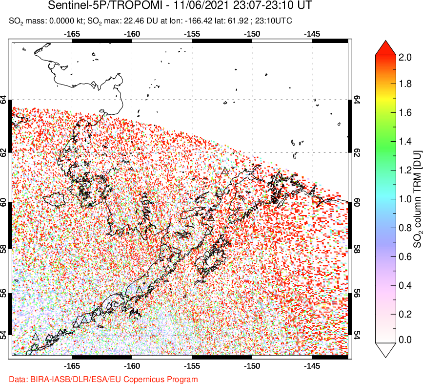 A sulfur dioxide image over Alaska, USA on Nov 06, 2021.