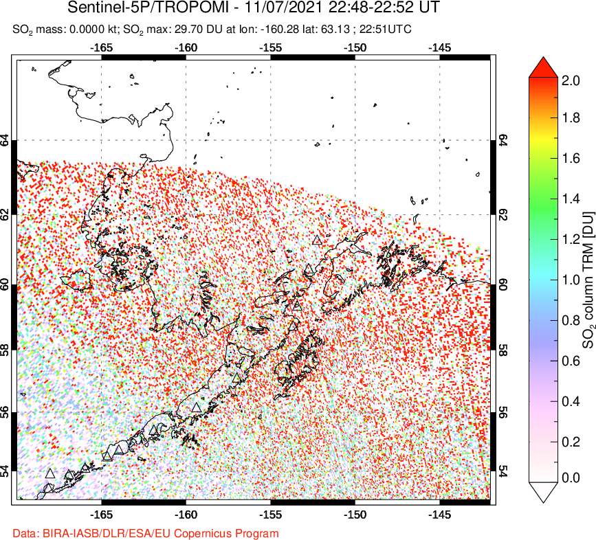 A sulfur dioxide image over Alaska, USA on Nov 07, 2021.