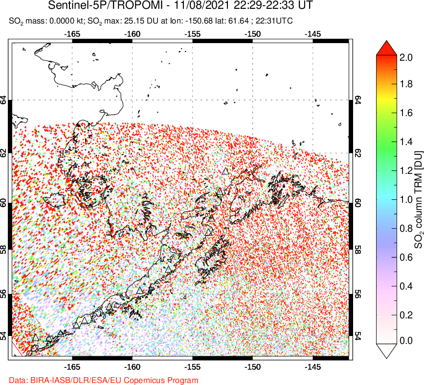 A sulfur dioxide image over Alaska, USA on Nov 08, 2021.