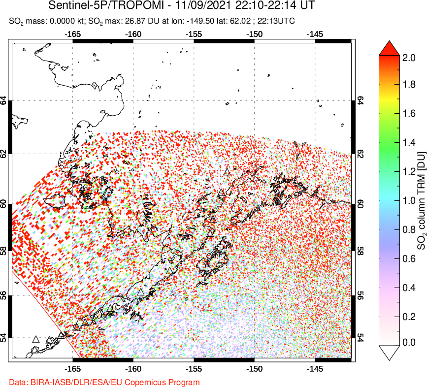A sulfur dioxide image over Alaska, USA on Nov 09, 2021.