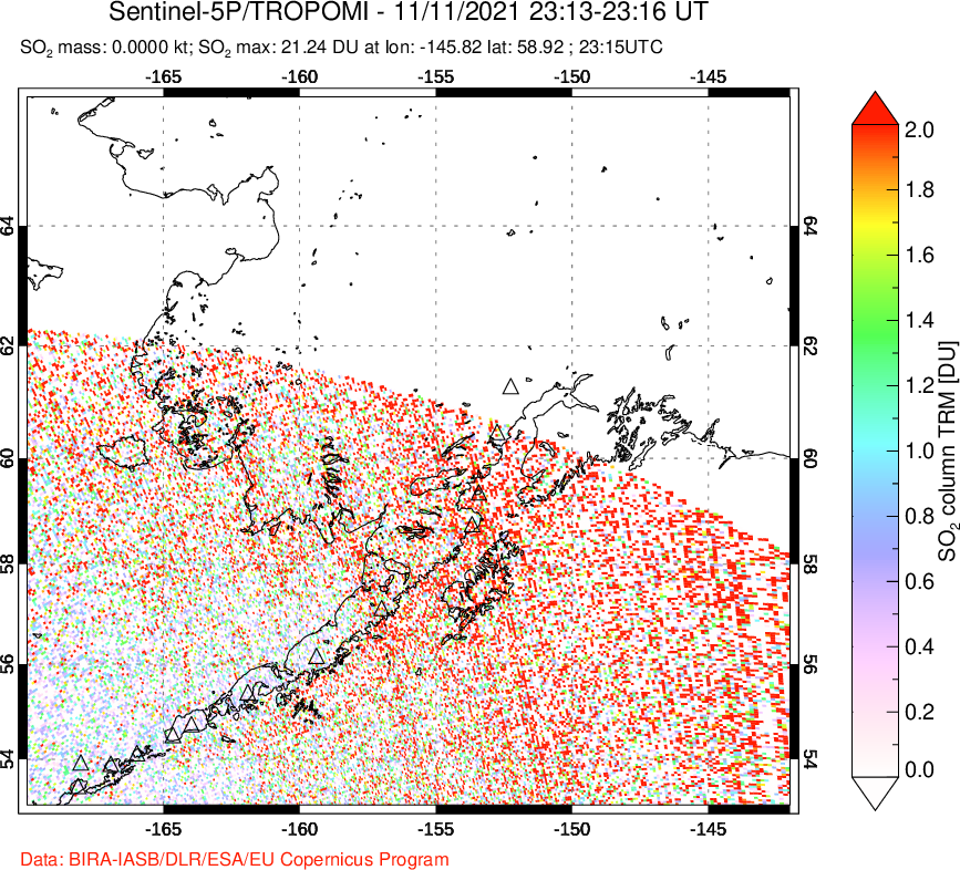 A sulfur dioxide image over Alaska, USA on Nov 11, 2021.