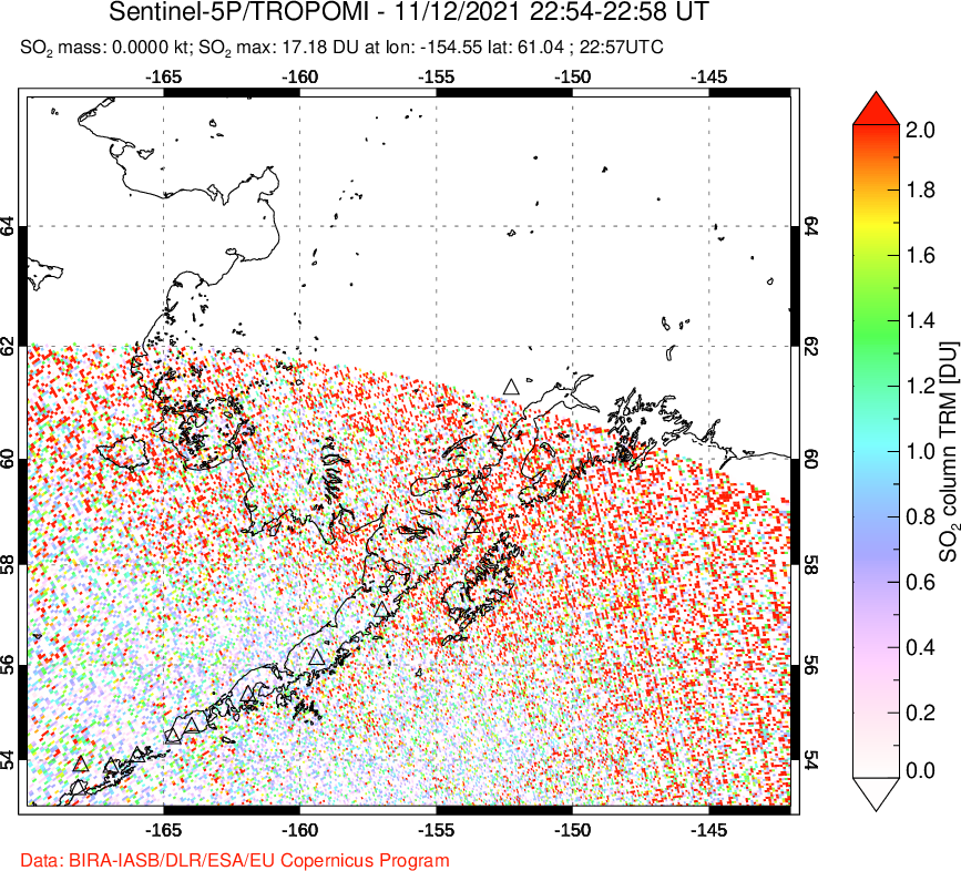 A sulfur dioxide image over Alaska, USA on Nov 12, 2021.