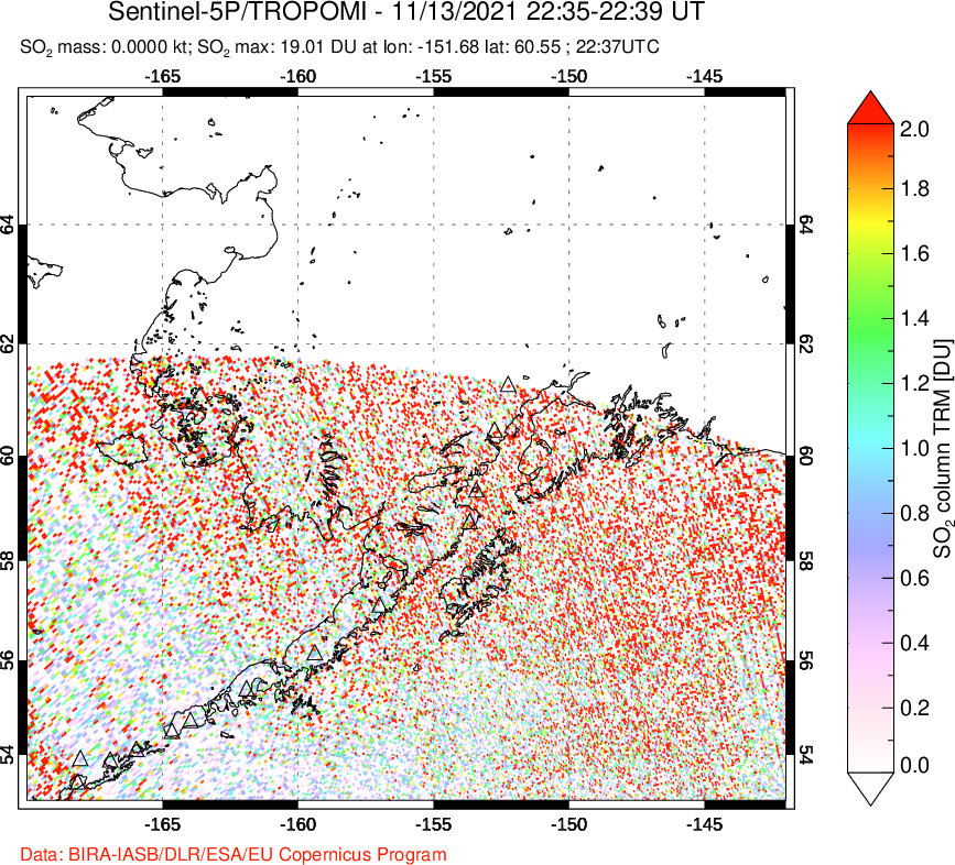 A sulfur dioxide image over Alaska, USA on Nov 13, 2021.
