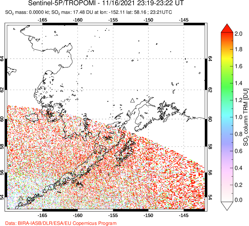 A sulfur dioxide image over Alaska, USA on Nov 16, 2021.