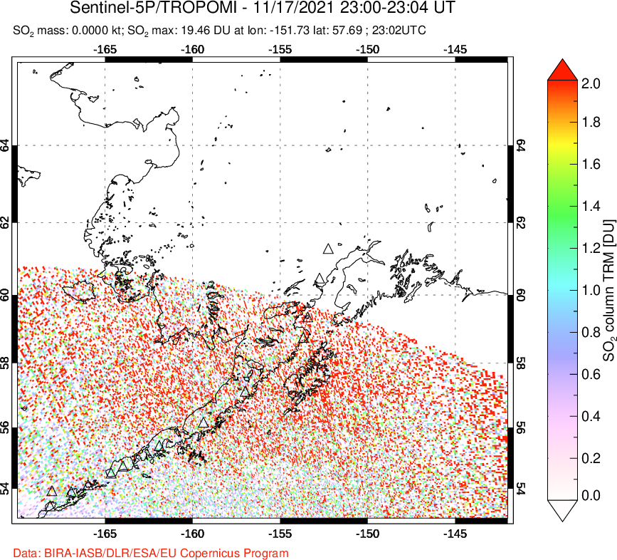 A sulfur dioxide image over Alaska, USA on Nov 17, 2021.