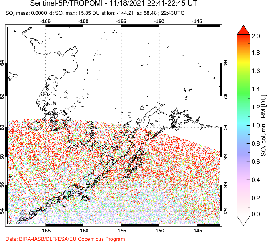 A sulfur dioxide image over Alaska, USA on Nov 18, 2021.