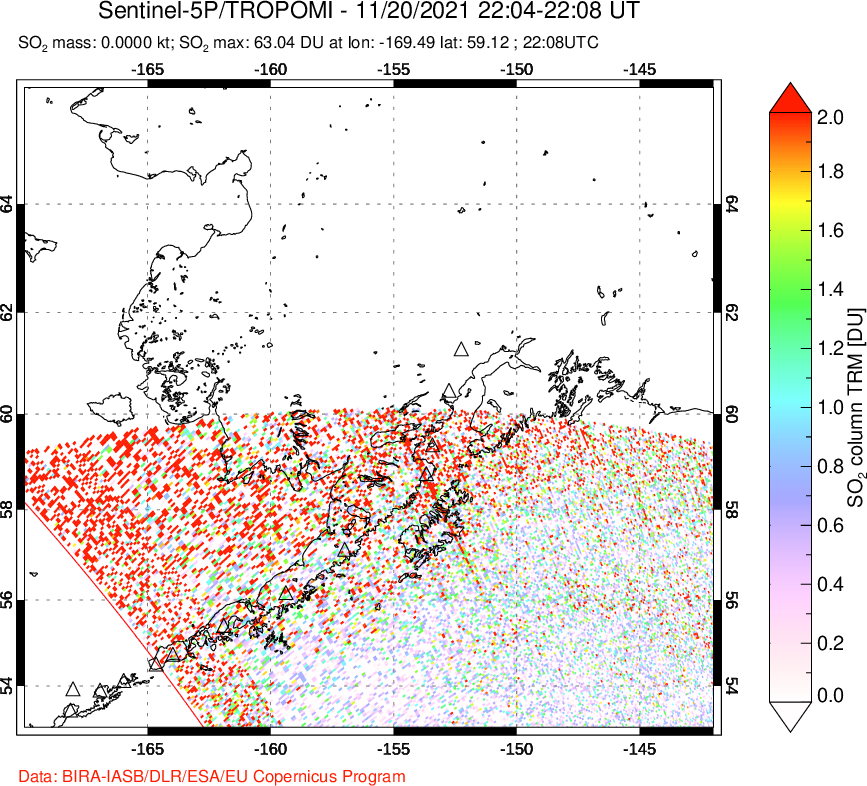 A sulfur dioxide image over Alaska, USA on Nov 20, 2021.