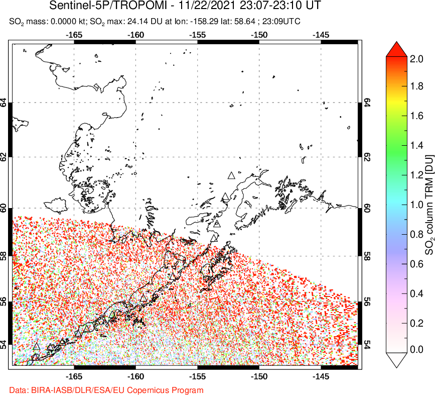 A sulfur dioxide image over Alaska, USA on Nov 22, 2021.