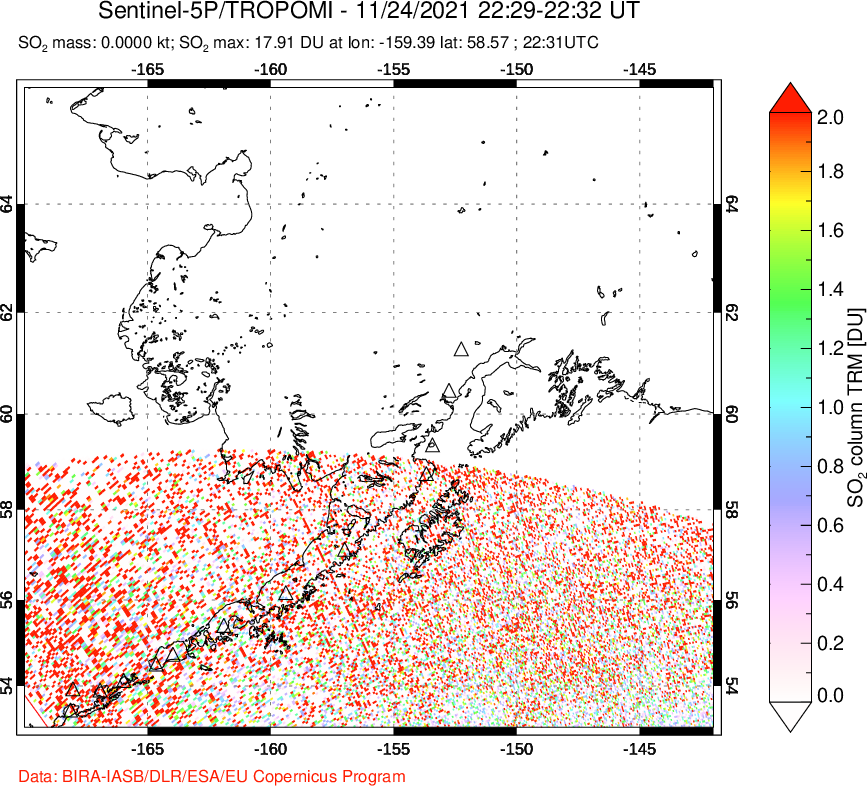 A sulfur dioxide image over Alaska, USA on Nov 24, 2021.