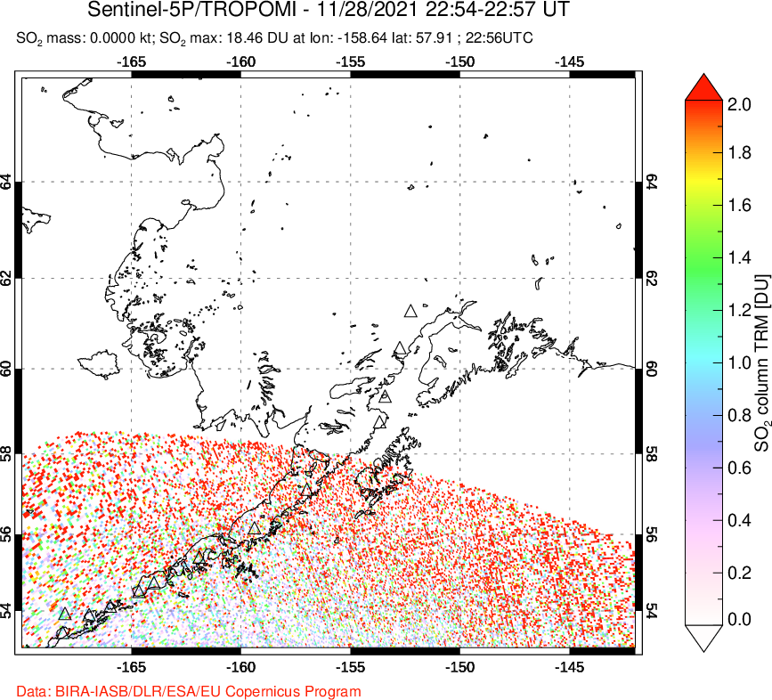 A sulfur dioxide image over Alaska, USA on Nov 28, 2021.