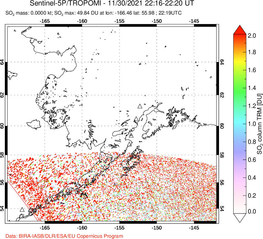 A sulfur dioxide image over Alaska, USA on Nov 30, 2021.