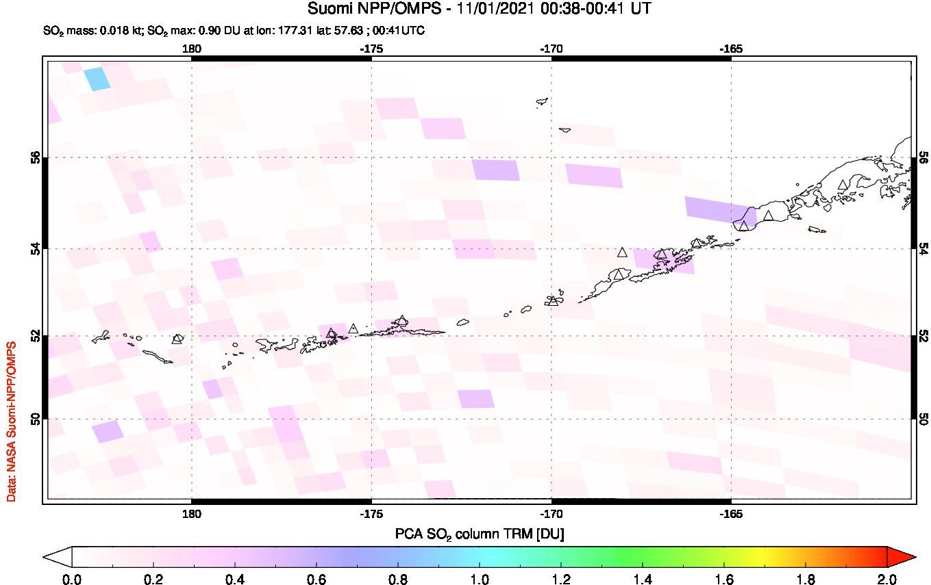 A sulfur dioxide image over Aleutian Islands, Alaska, USA on Nov 01, 2021.