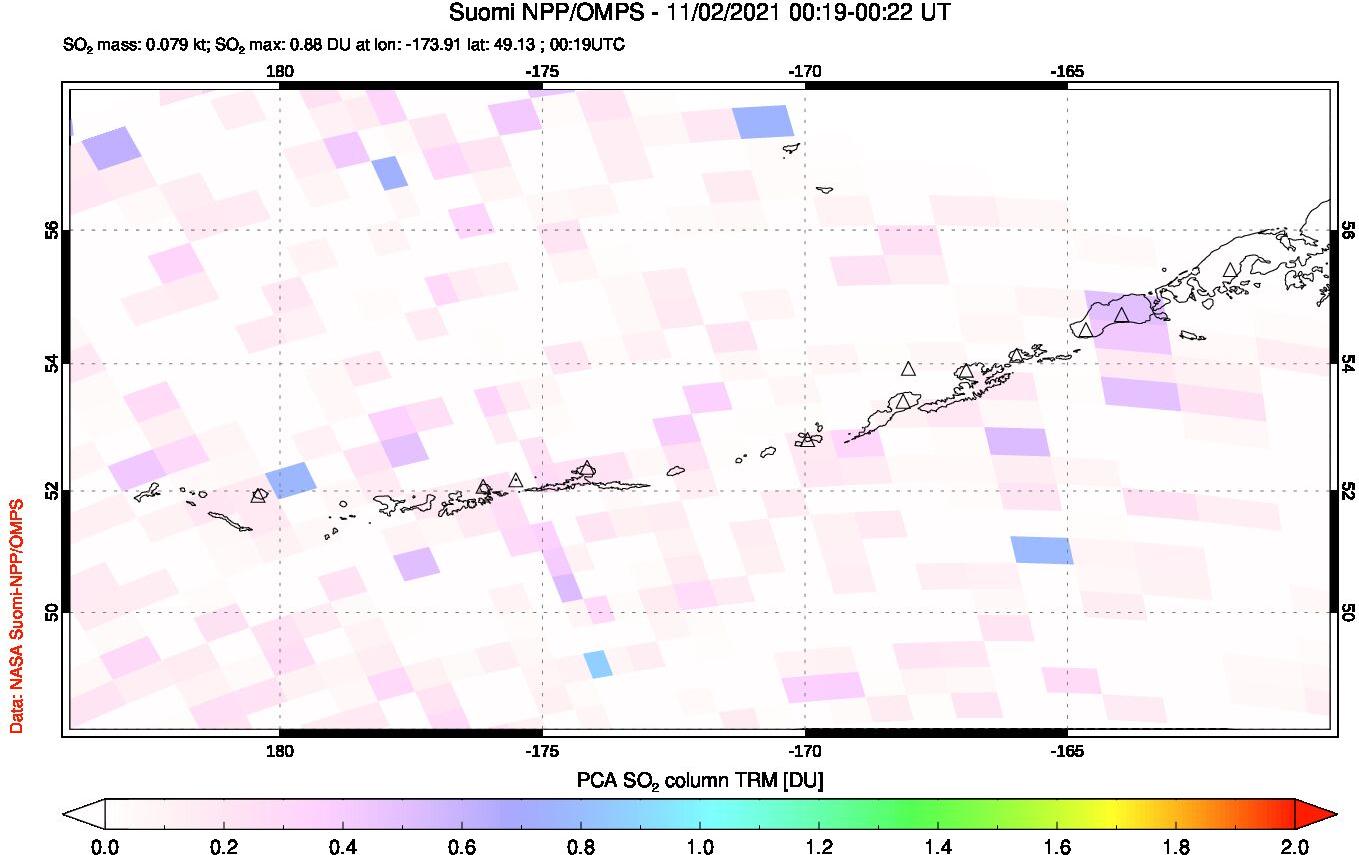 A sulfur dioxide image over Aleutian Islands, Alaska, USA on Nov 02, 2021.