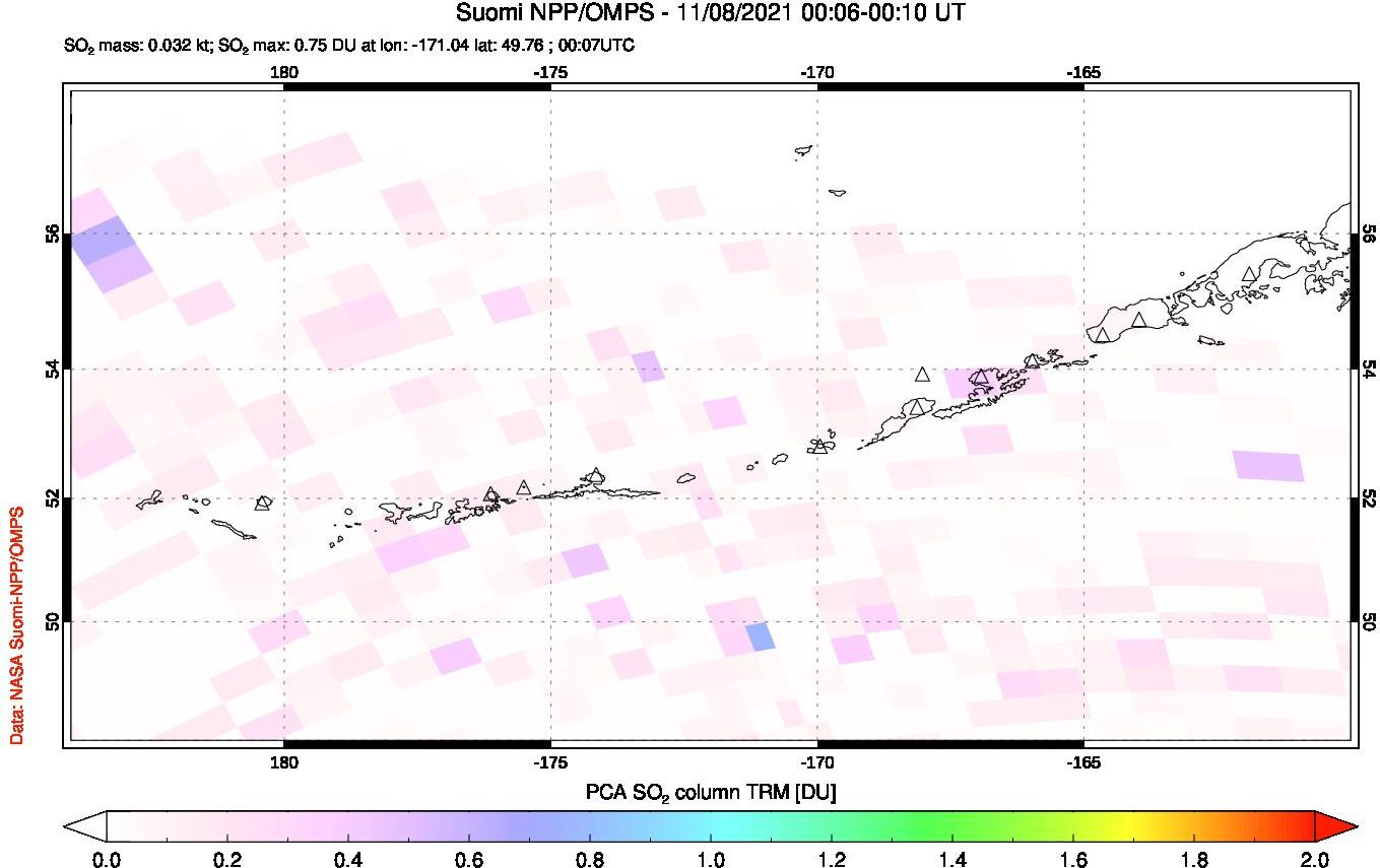 A sulfur dioxide image over Aleutian Islands, Alaska, USA on Nov 08, 2021.