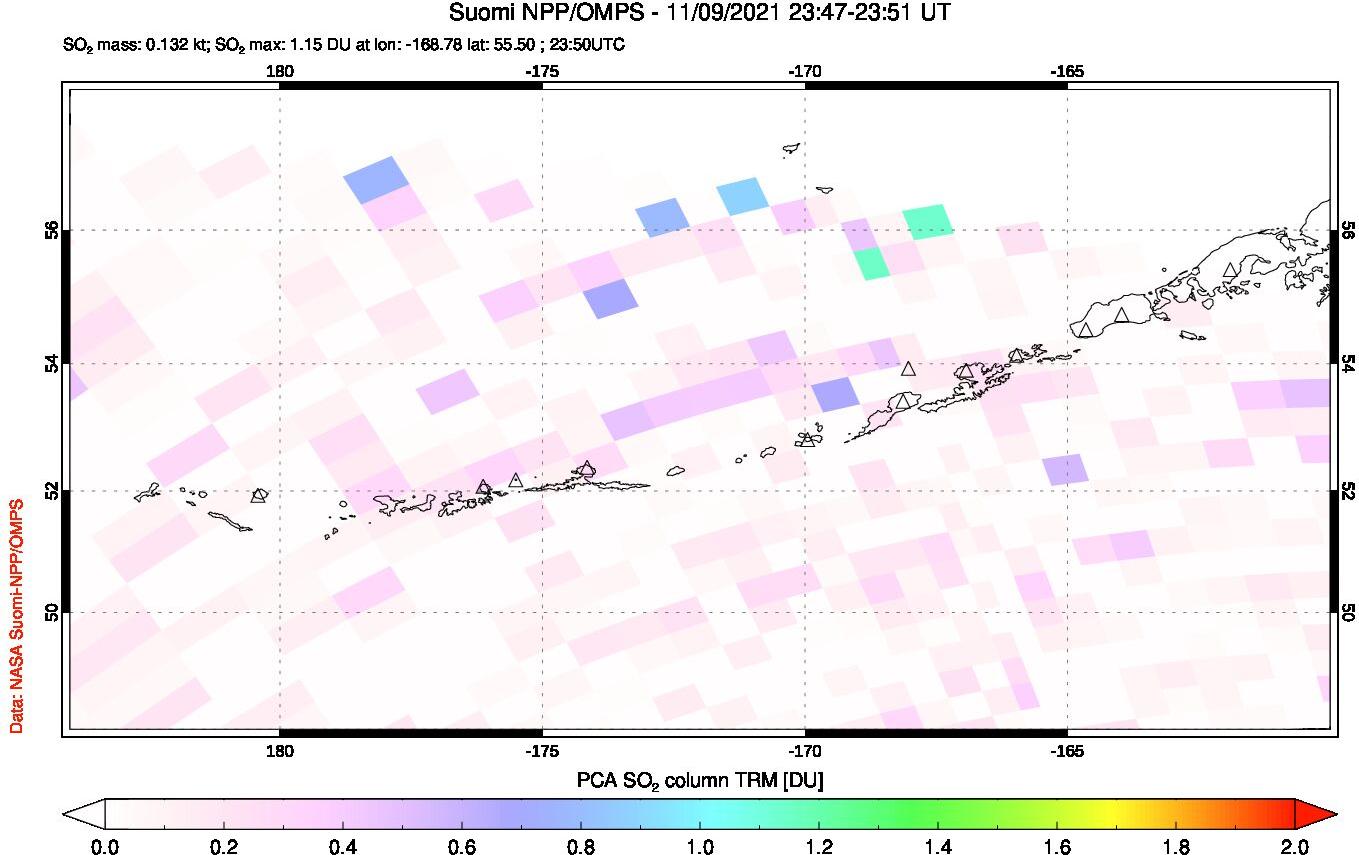 A sulfur dioxide image over Aleutian Islands, Alaska, USA on Nov 09, 2021.