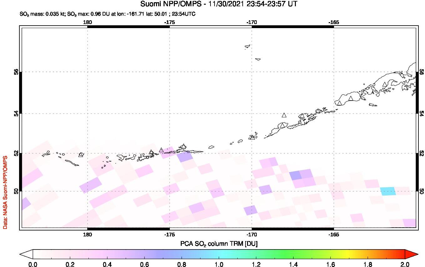 A sulfur dioxide image over Aleutian Islands, Alaska, USA on Nov 30, 2021.