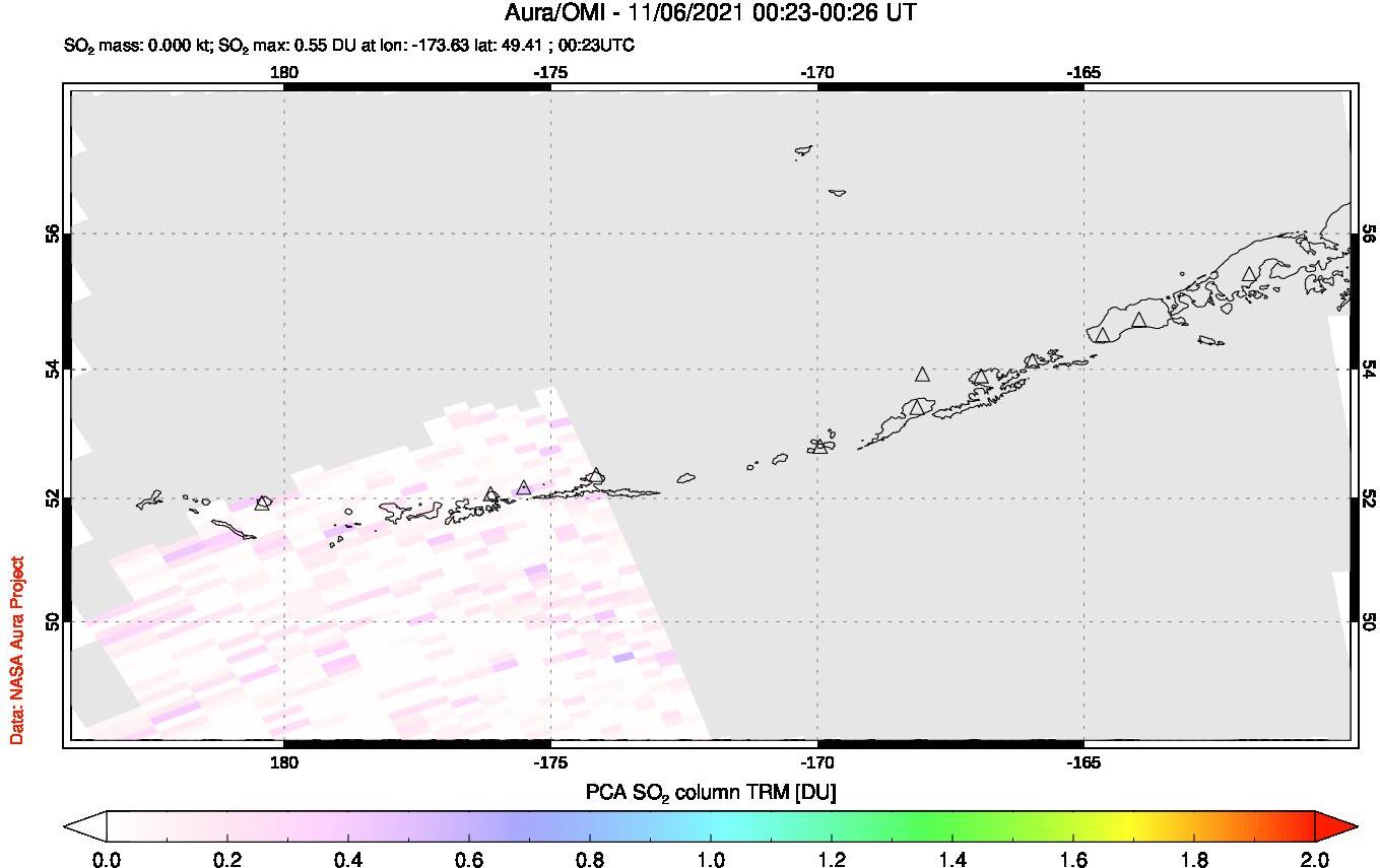 A sulfur dioxide image over Aleutian Islands, Alaska, USA on Nov 06, 2021.