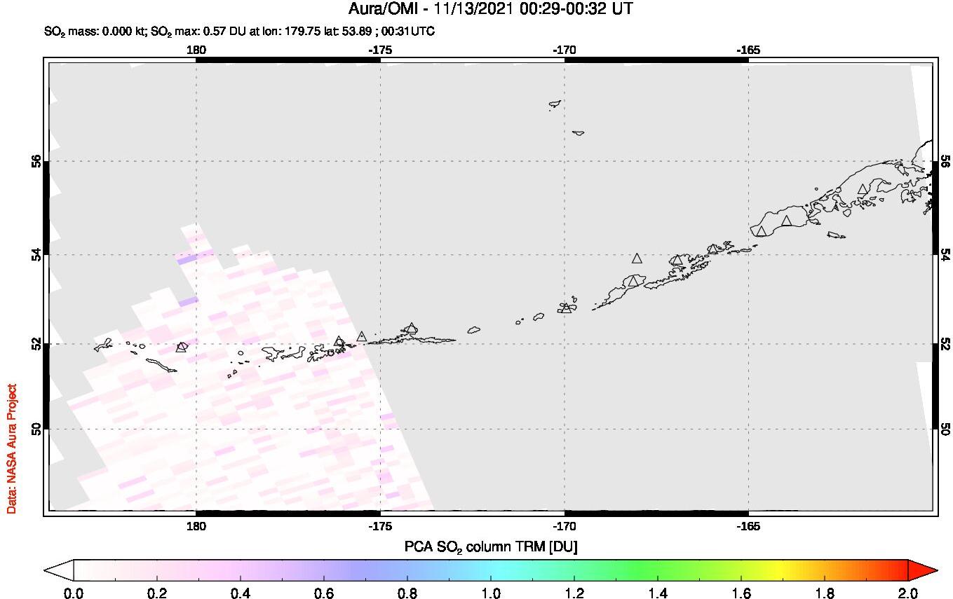 A sulfur dioxide image over Aleutian Islands, Alaska, USA on Nov 13, 2021.