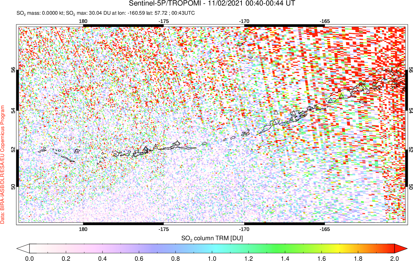 A sulfur dioxide image over Aleutian Islands, Alaska, USA on Nov 02, 2021.